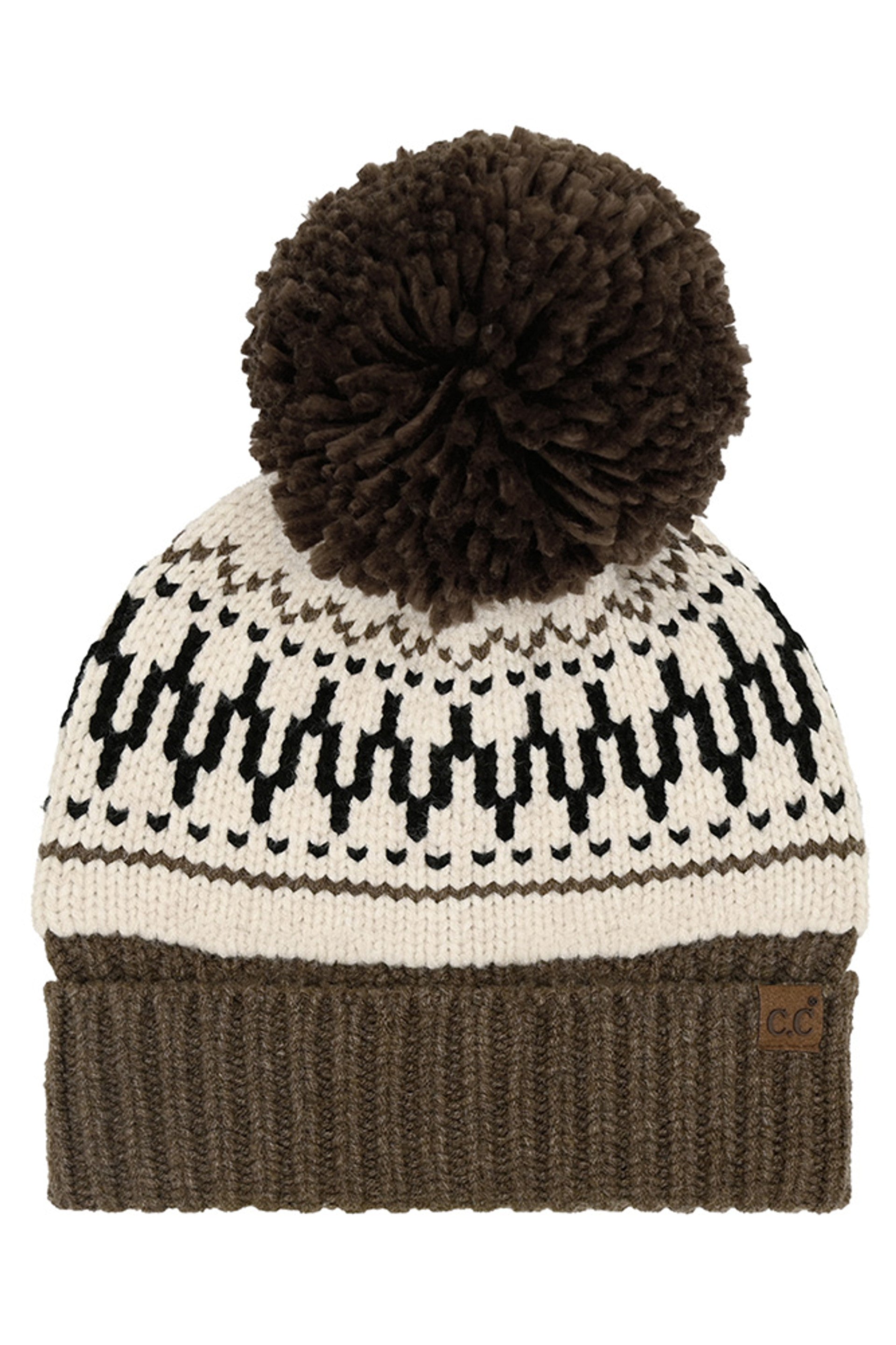 Brown C.C Fair Isle Pattern Yarn Pom Beanie