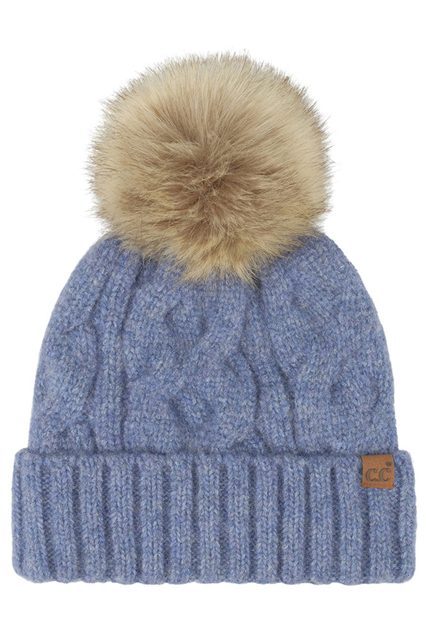 Denim C.C Solid Big Cable Pattern Knit Cuff Pom Beanie