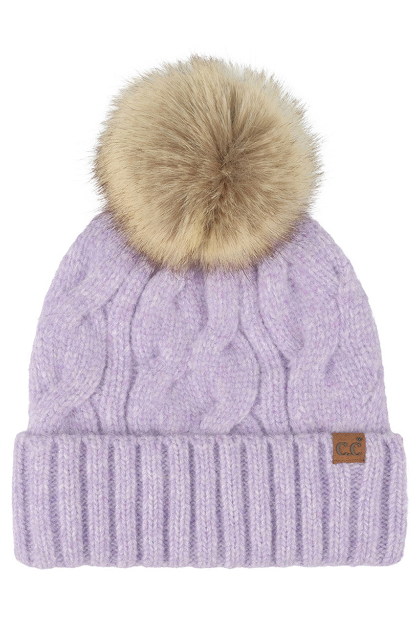 Lavender C.C Solid Big Cable Pattern Knit Cuff Pom Beanie