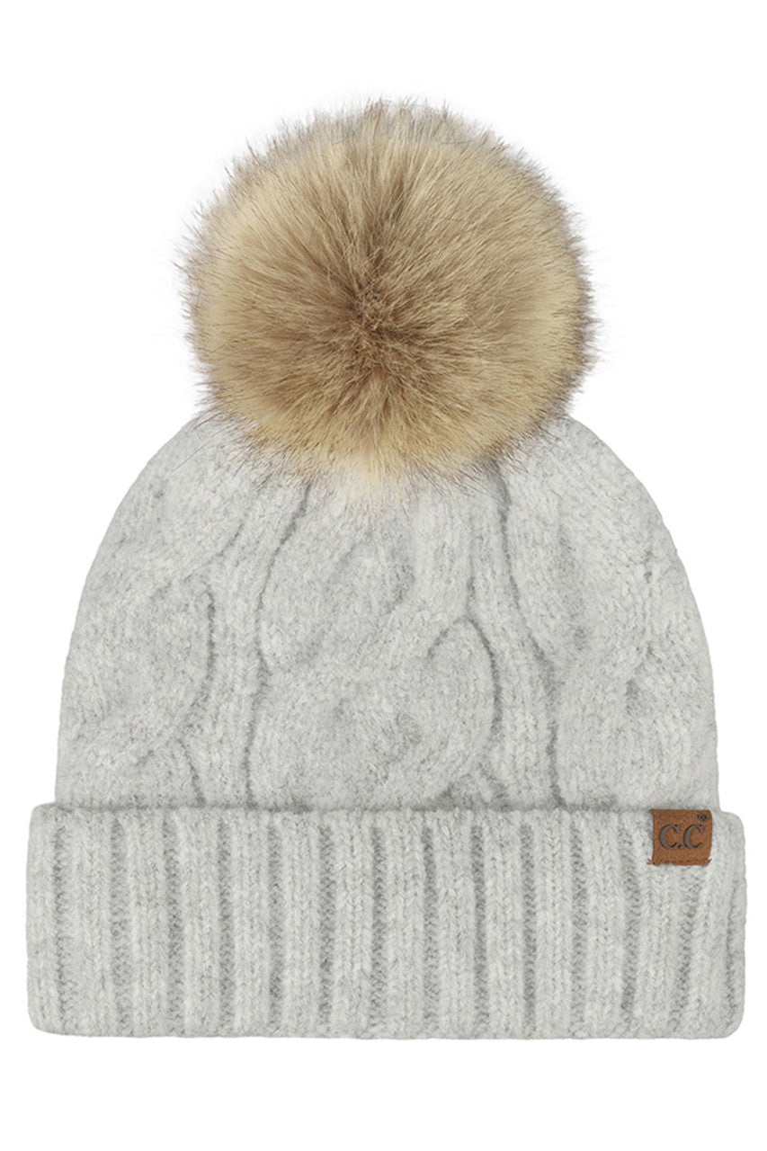 White C.C Solid Big Cable Pattern Knit Cuff Pom Beanie