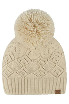 Beige C.C Diamond Lace Pattern Yarn Pom Solid Beanie
