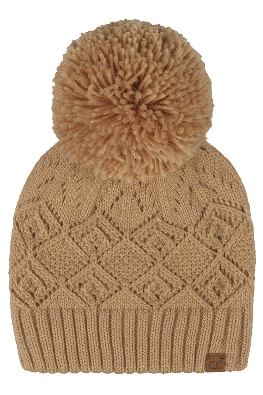Camel C.C Diamond Lace Pattern Yarn Pom Solid Beanie