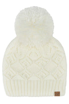 Ivory C.C Diamond Lace Pattern Yarn Pom Solid Beanie