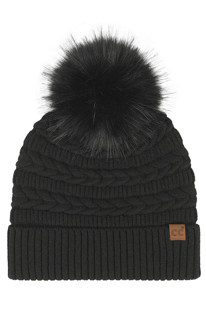 Black C.C Braided Pattern Faux Fur Pom Solid Beanie