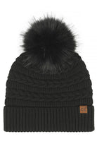 Black C.C Braided Pattern Faux Fur Pom Solid Beanie