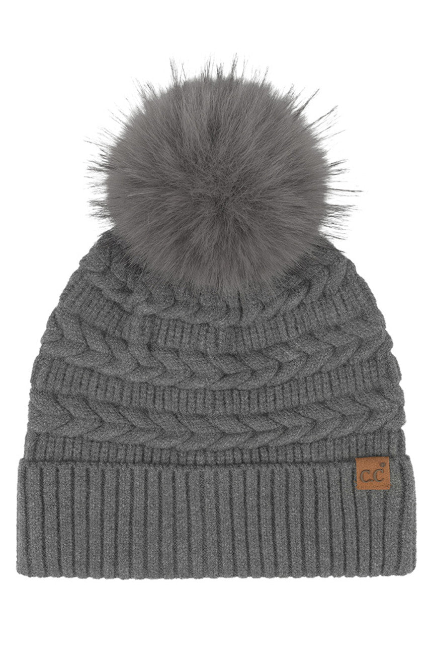 Charcoal C.C Braided Pattern Faux Fur Pom Solid Beanie