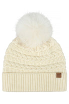 Cream C.C Braided Pattern Faux Fur Pom Solid Beanie