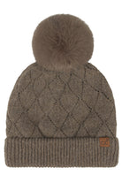Brown C.C Leaf Pattern Faux Fur Pom Solid Beanie