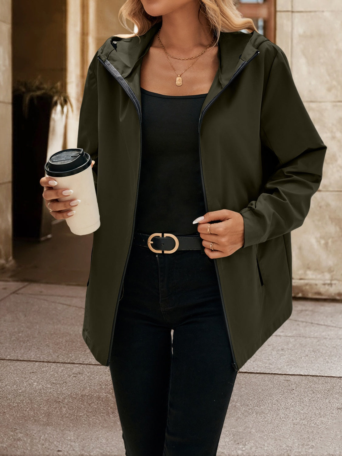 Pocketed Zip Up Hooded Jacket - Charming Charlie