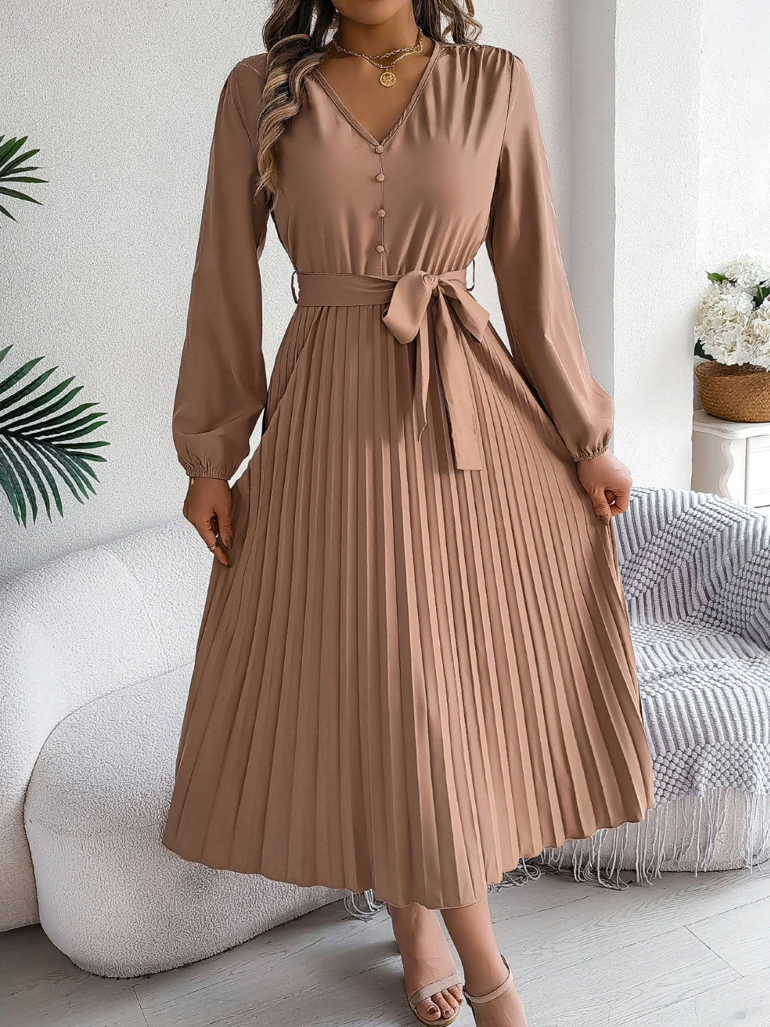 Pleated Tied V-Neck Long Sleeve Dress - Charming Charlie