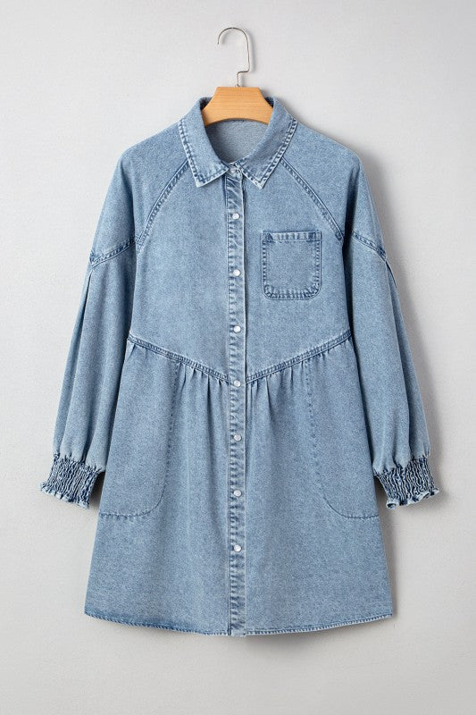 Denim Smocked Cuffs Shirt Mini Dress Beau Blue / L