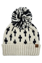 Cream C.C Cross Pattern All Over Yarn Big Pom Beanie
