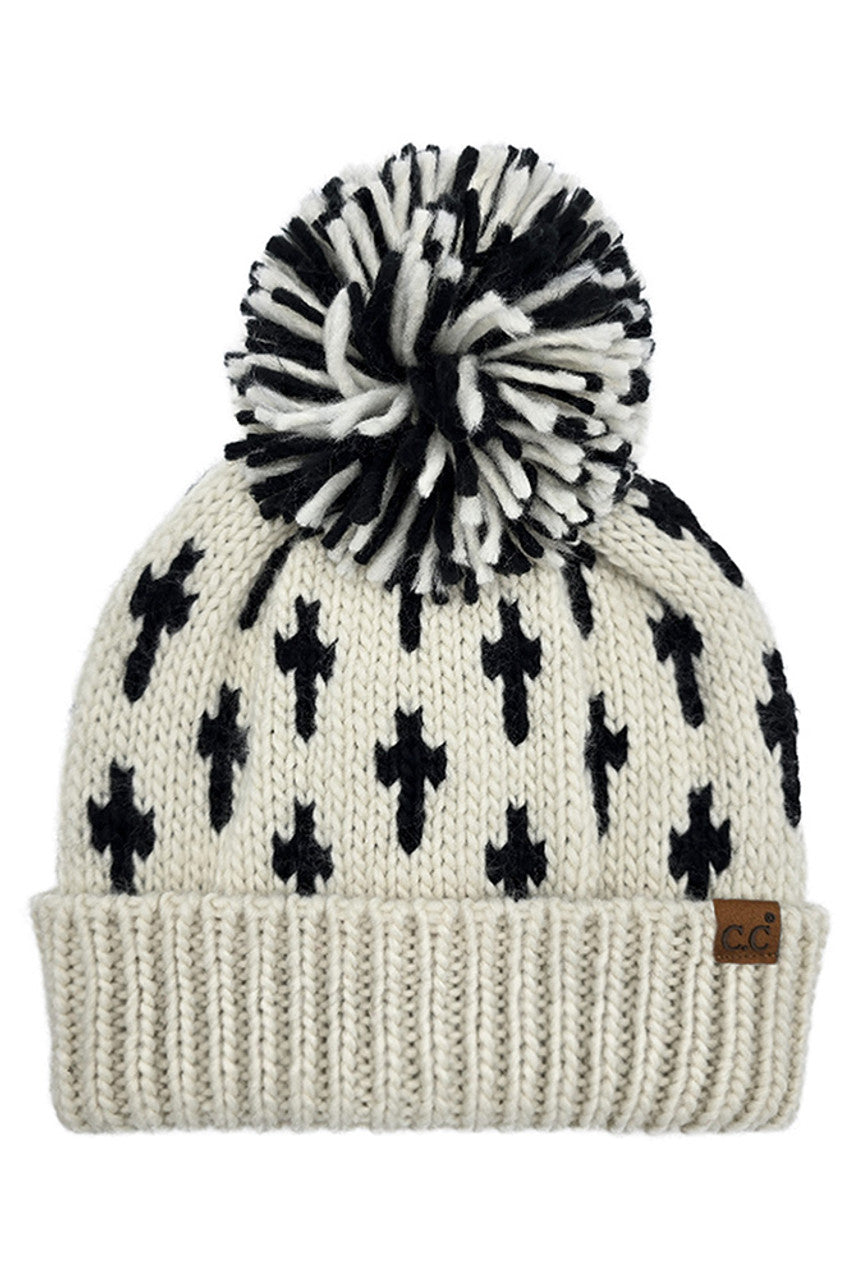 Cream C.C Cross Pattern All Over Yarn Big Pom Beanie
