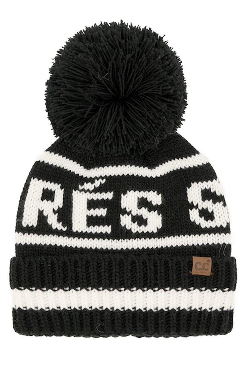 Black C.C APRES SKI Lettering Yarn Pom Beanie