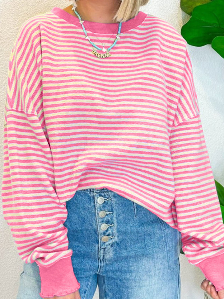Striped Round Neck Long Sleeve Sweatshirt - Charming Charlie