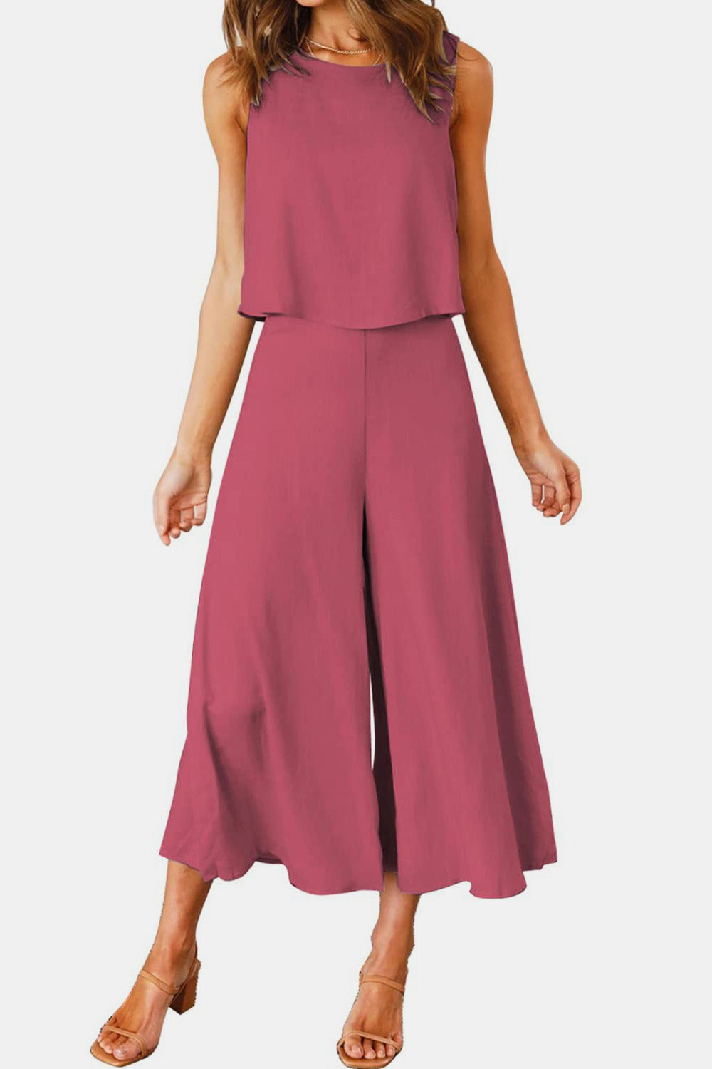 Round Neck Top and Wide Leg Pants Set - Charming Charlie