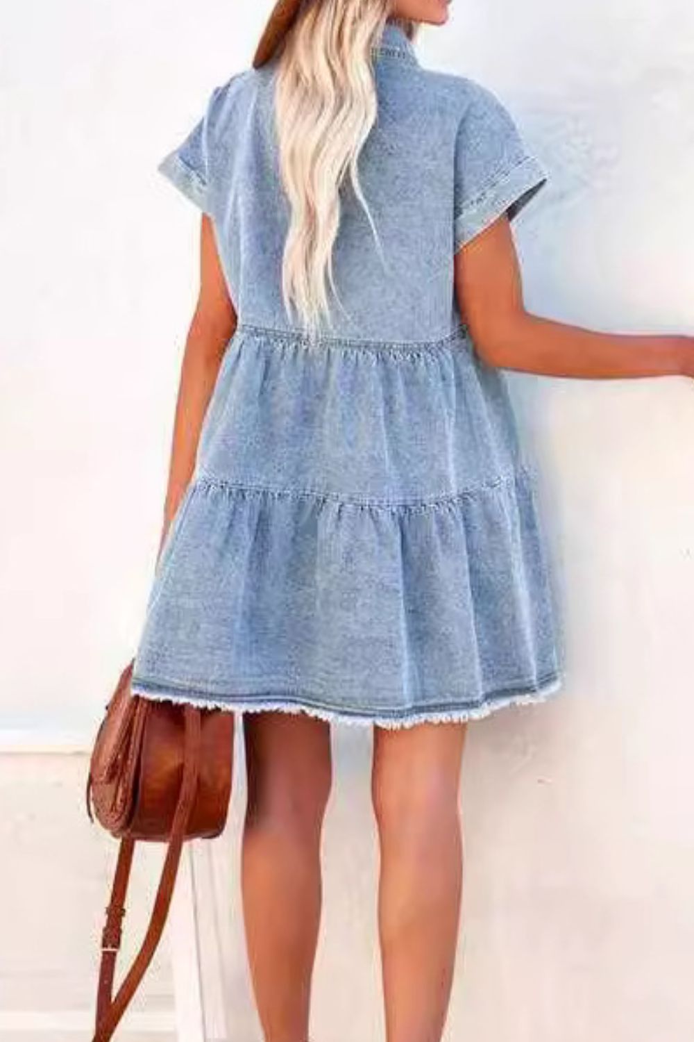 charlie denim mini dress Wholesale MOQ6 Raw Hem Button Down Denim Mini Dress