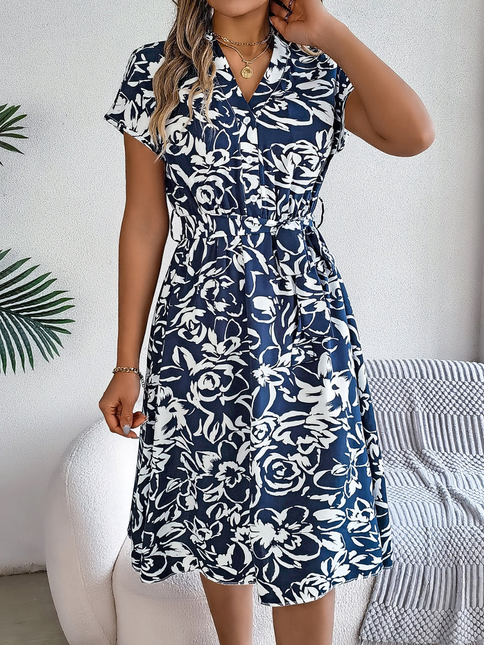 Split Printed V-Neck Short Sleeve Dress