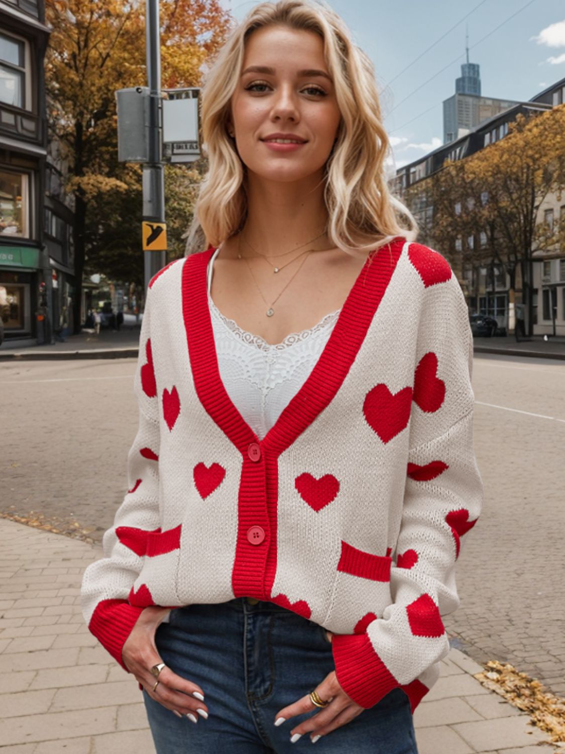 Heart Button Up Dropped Shoulder Long Sleeve Cardigan - Charming Charlie