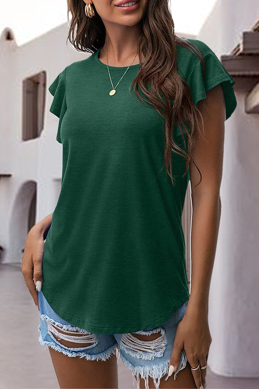 Ruffled Round Neck Cap Sleeve Blouse - Charming Charlie
