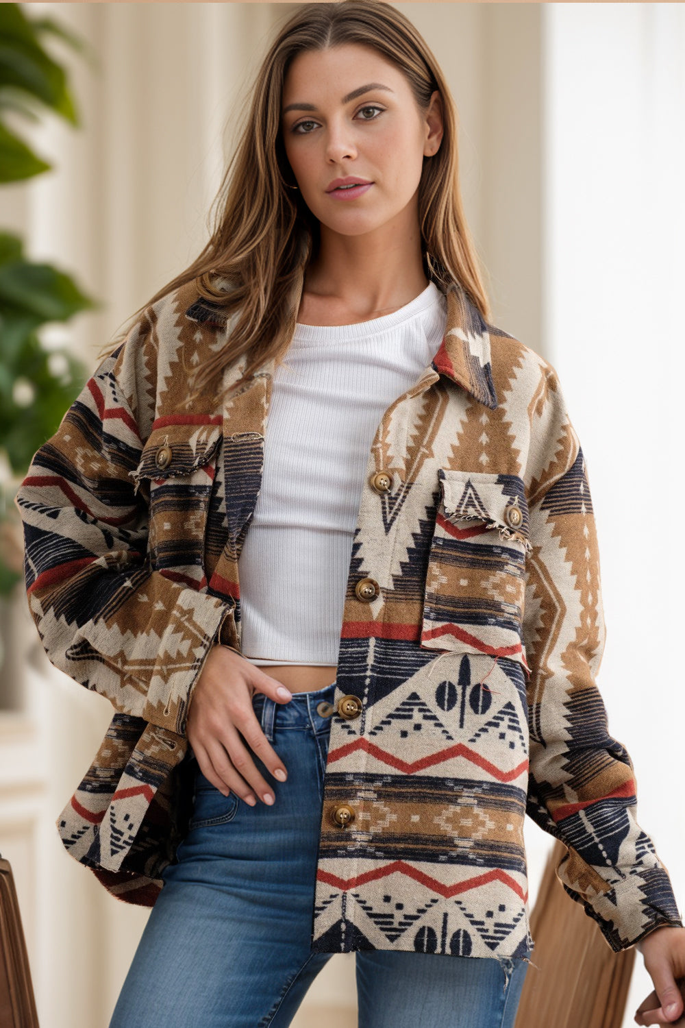 Geometric Button Up Long Sleeve Jacket - Charming Charlie
