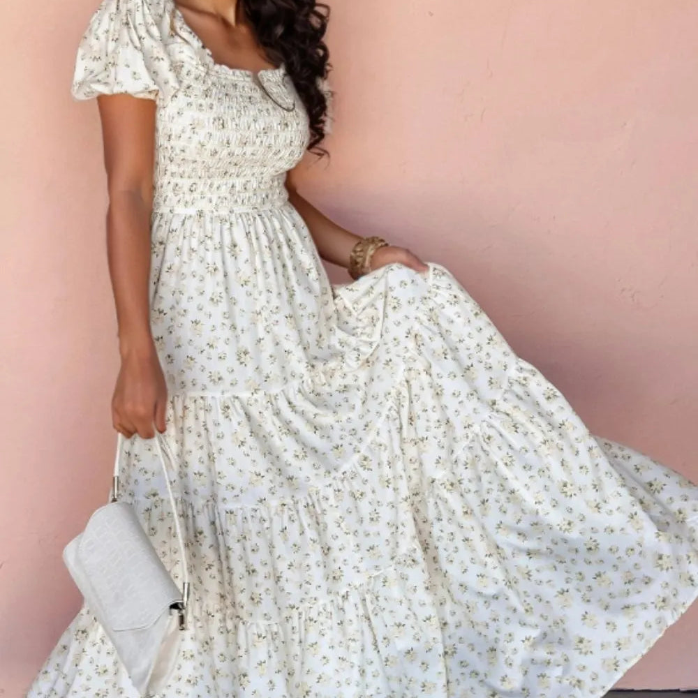 Sample Floral Smocked Short Puff Sleeve Maxi Dress Sample Floral Smocked Short Puff Sleeve Maxi Dress