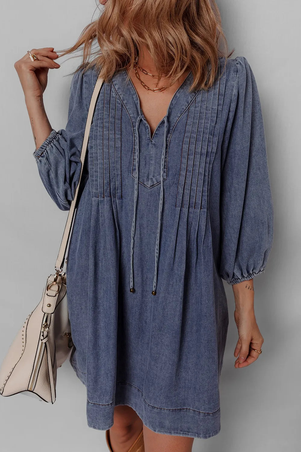 knee length dresses for ladies Tie Neck Long Sleeve Mini Denim Dress Dark / M