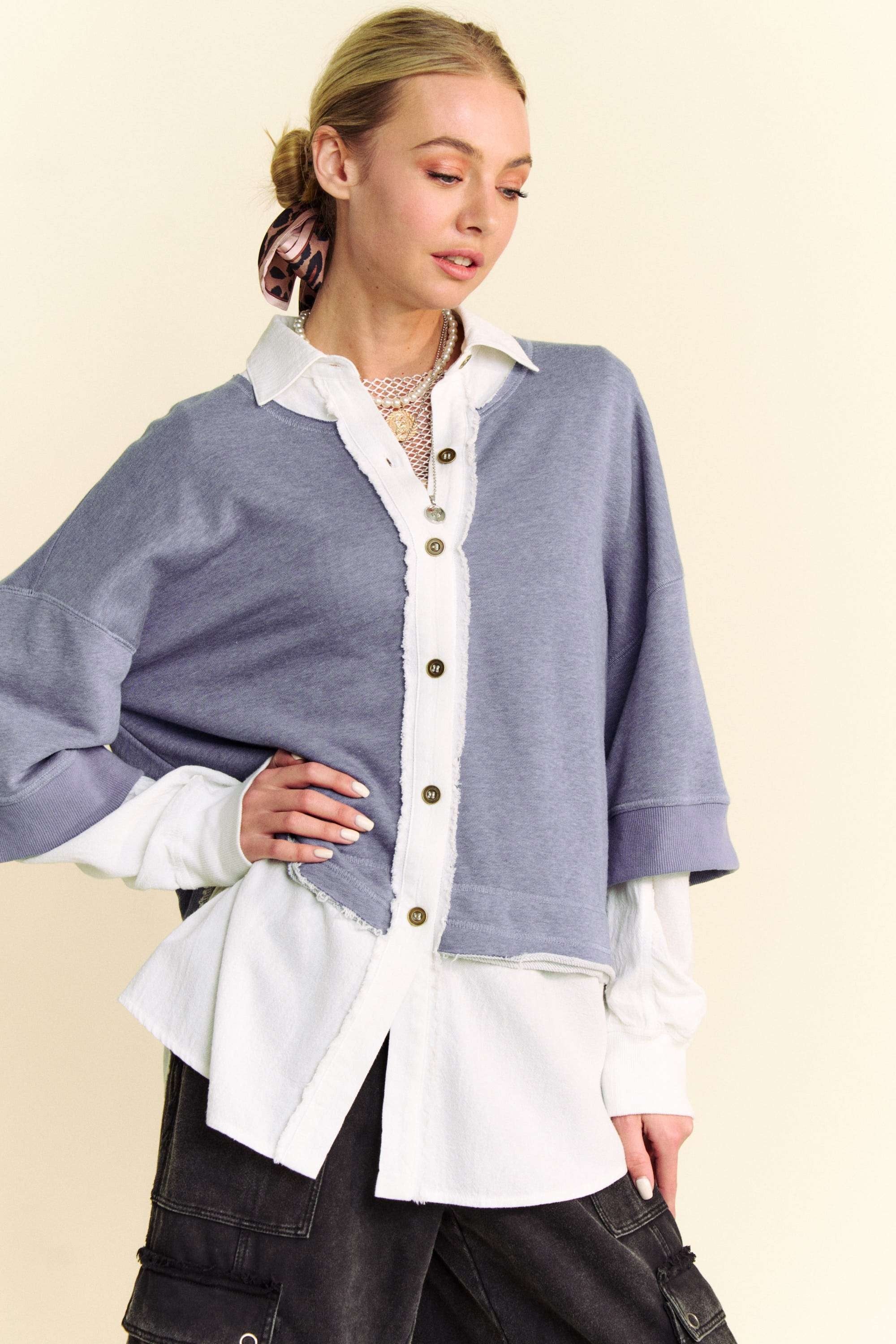 Davi & Dani Faux Layered French Terry Contrast Top - Charming Charlie
