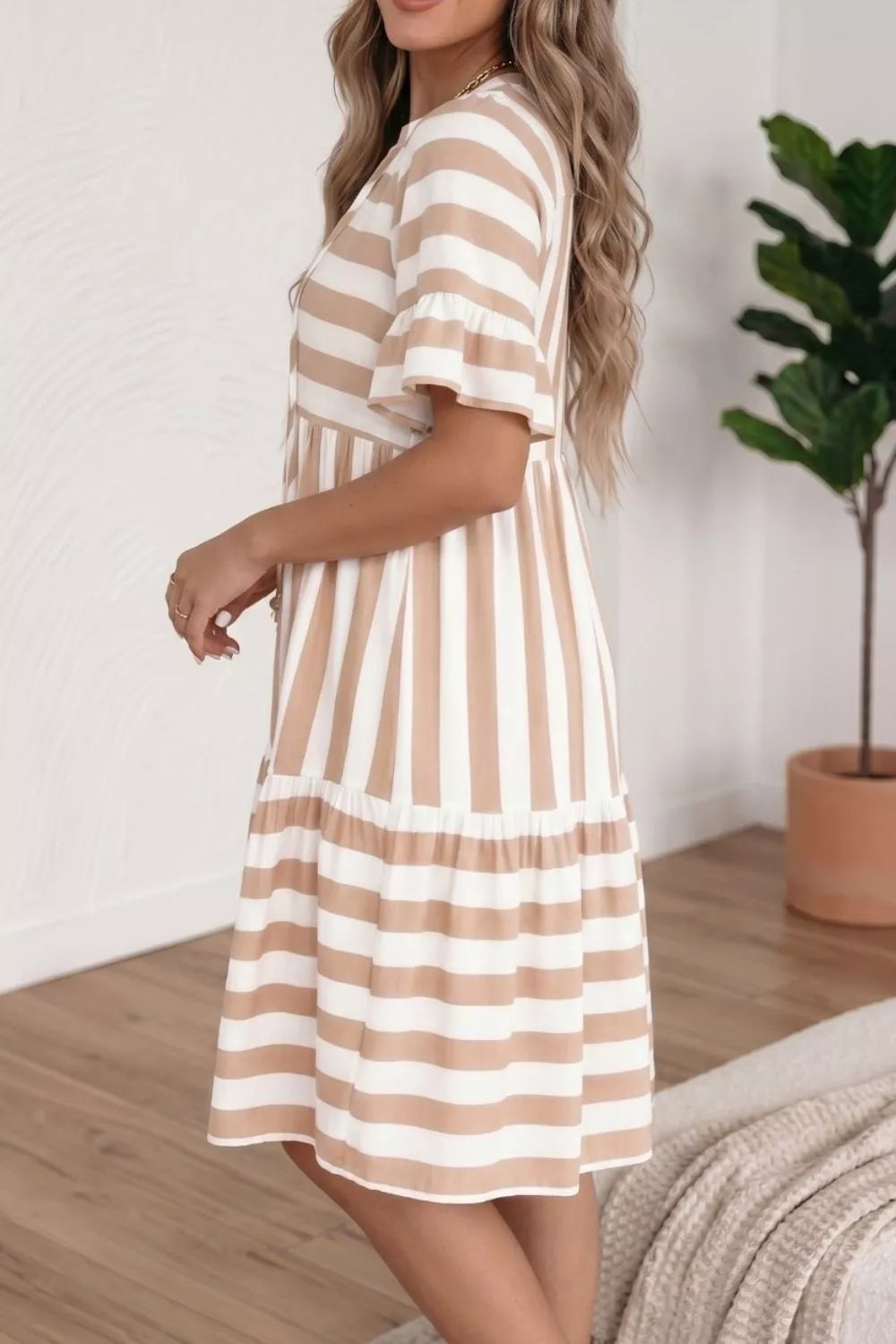 Stripe Tie V Neck Ruffle Trim Short Sleeve Flared Summer Dress – Charming Charlie Stripe Tie V Neck Ruffle Trim Short Sleeve Flared Summer Dress – Charming Charlie