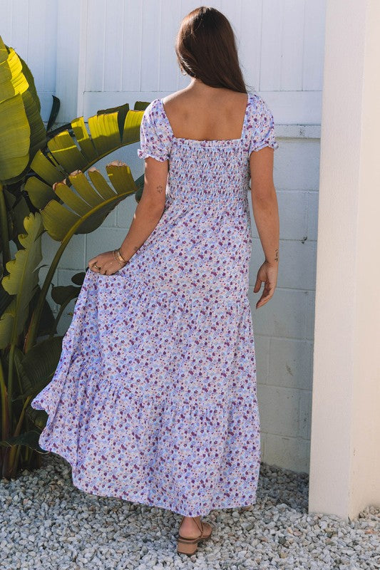 Purple Floral Short Bubble Sleeve Shirred High Waist Maxi Dress Purple / L / 100%Polyester