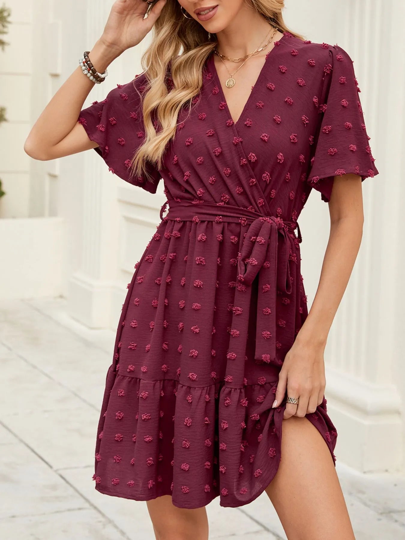 Swiss Dot Flutter Sleeve Wrap Dress Burgundy / S