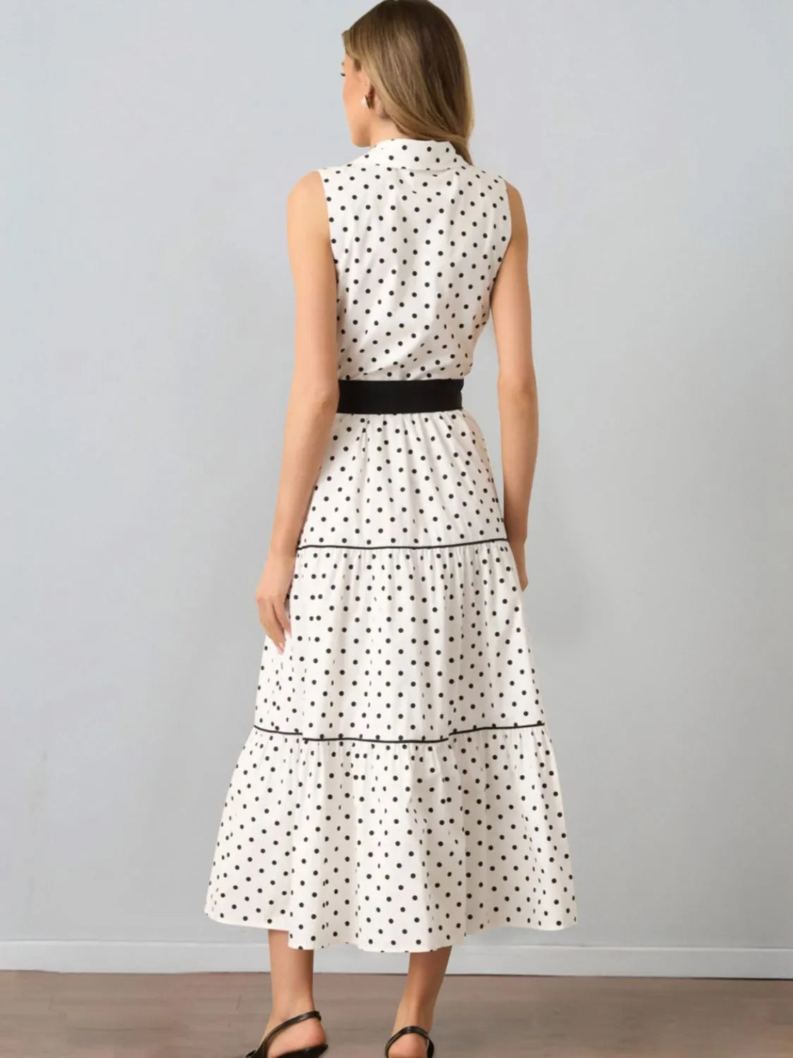 polka dot shirt dress Polka Dot Sleeveless Midi Shirt Dress White / L