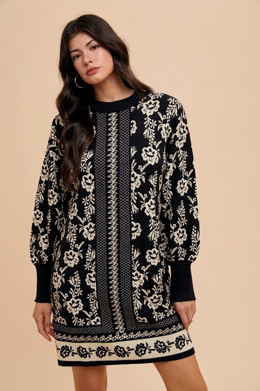 Annie Wear Floral Jacquard Round Neck Sweater Dress - Charming Charlie
