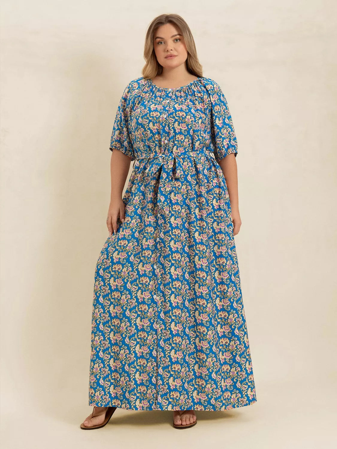 Plus Size Floral Print Maxi Dress with Side Slit Blue / 3XL Plus Size Floral Print Maxi Dress with Side Slit Blue / 3XL