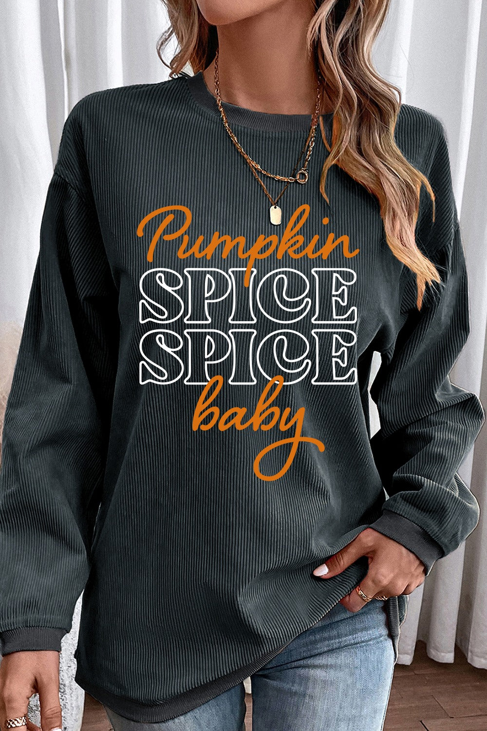 Letter Graphic Round Neck Long Sleeve Sweatshirt - Charming Charlie