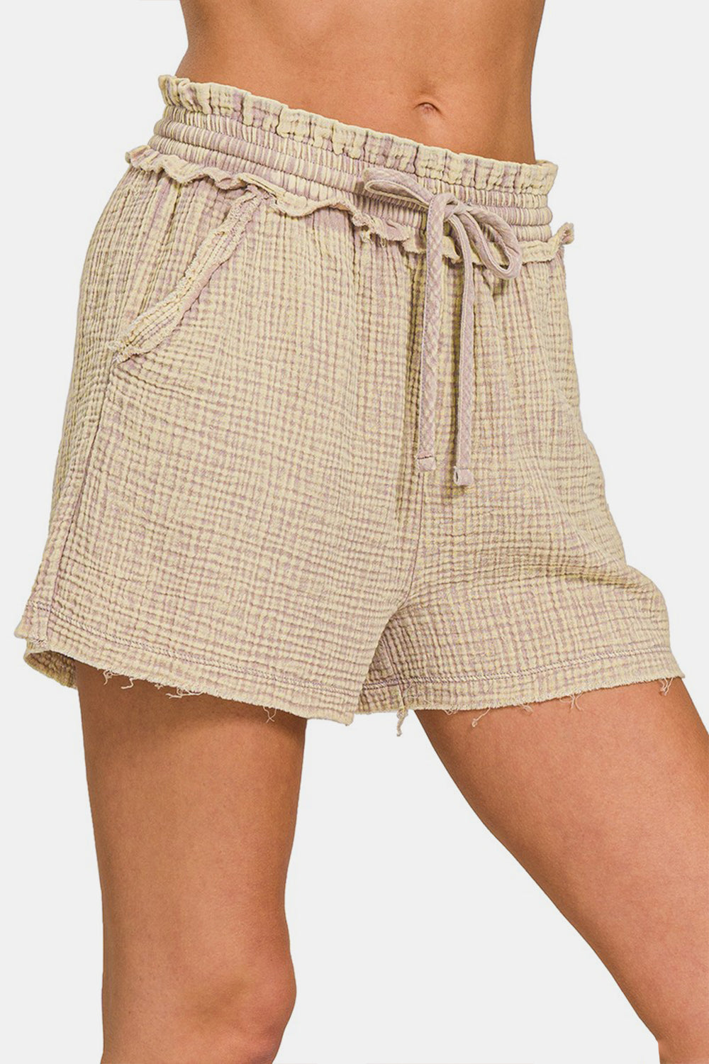 Zenana Washed Frayed Hem Drawstring Shorts - Charming Charlie