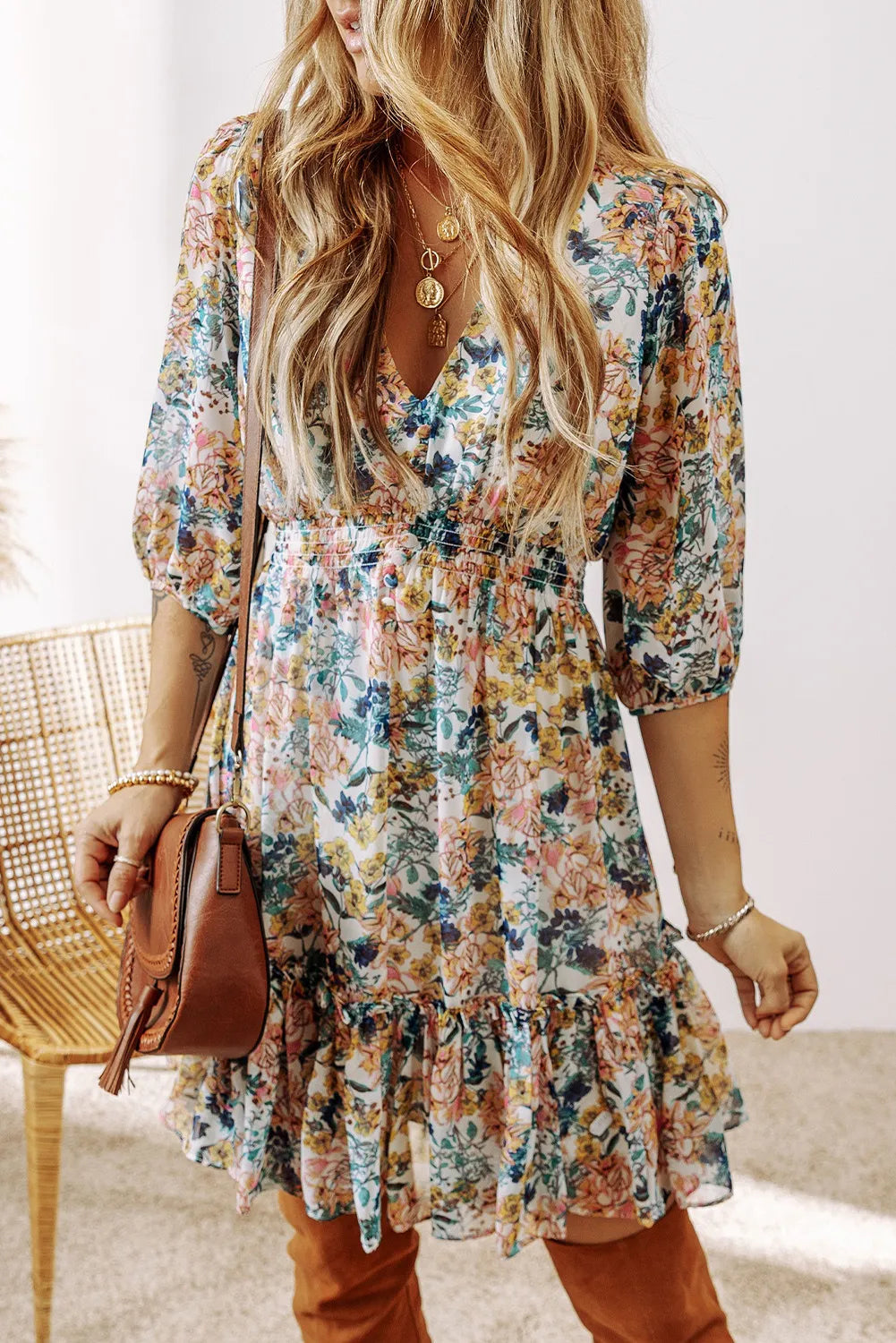 Printed V-Neck Half Sleeve Dress - Charming Charlie