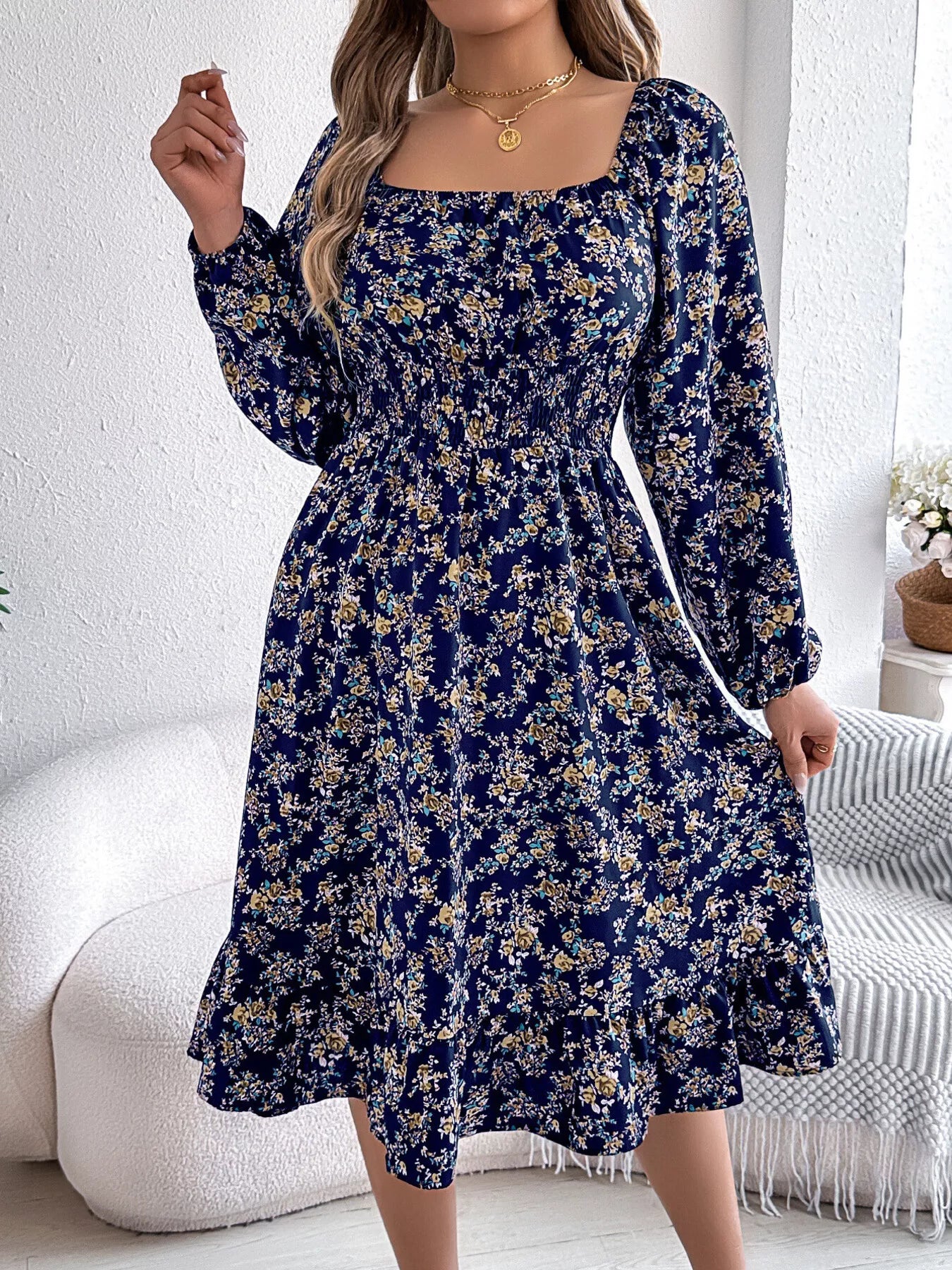 square neck midi dress with sleeves Floerns Women's Lantern Long Sleeve Split Ruched Dresses Pattern type MEROKEETY Womens Summer Short Sleeve