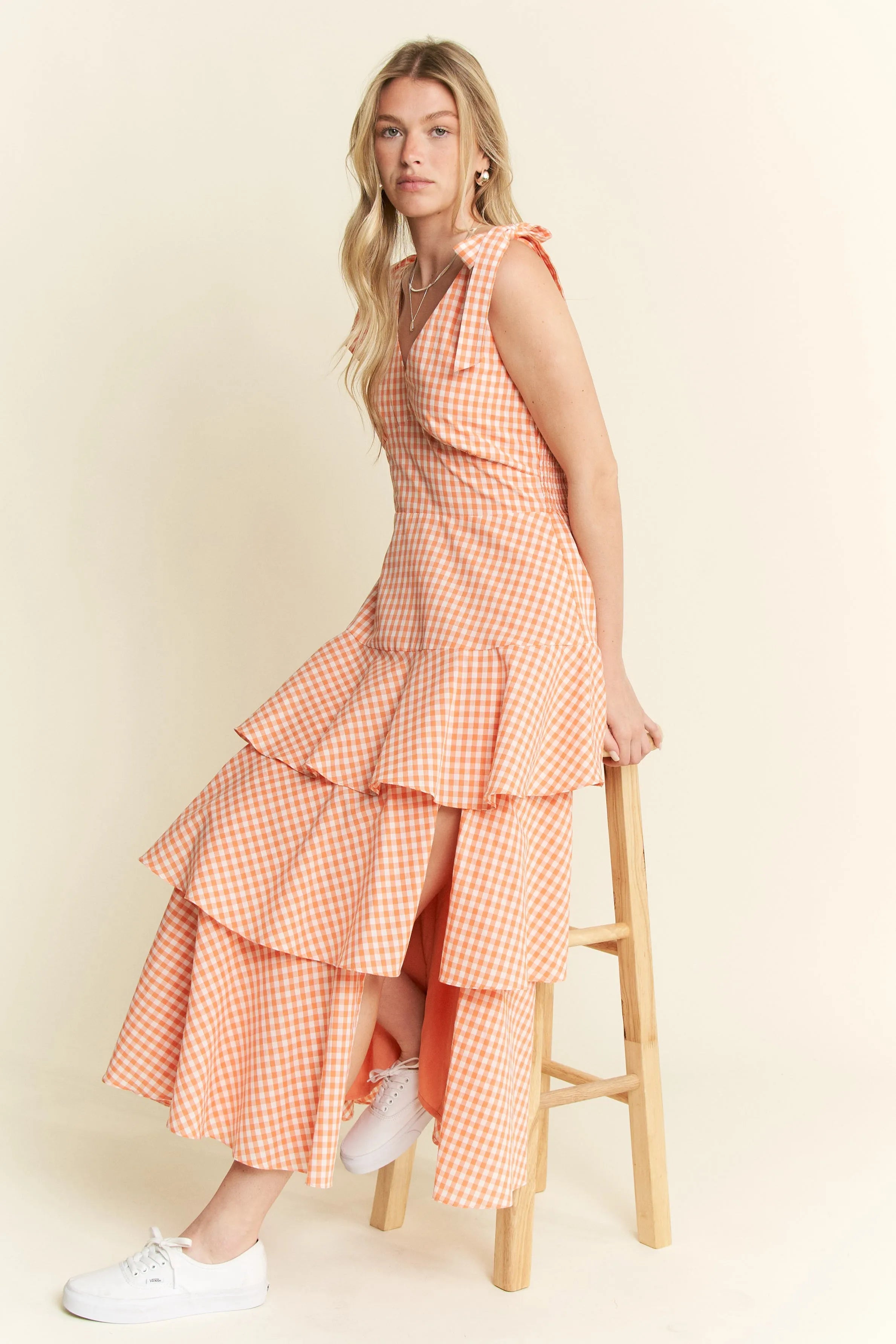 Jade By Jane Sleeveless Gingham Print Tiered Midi Dress ORANGE / L