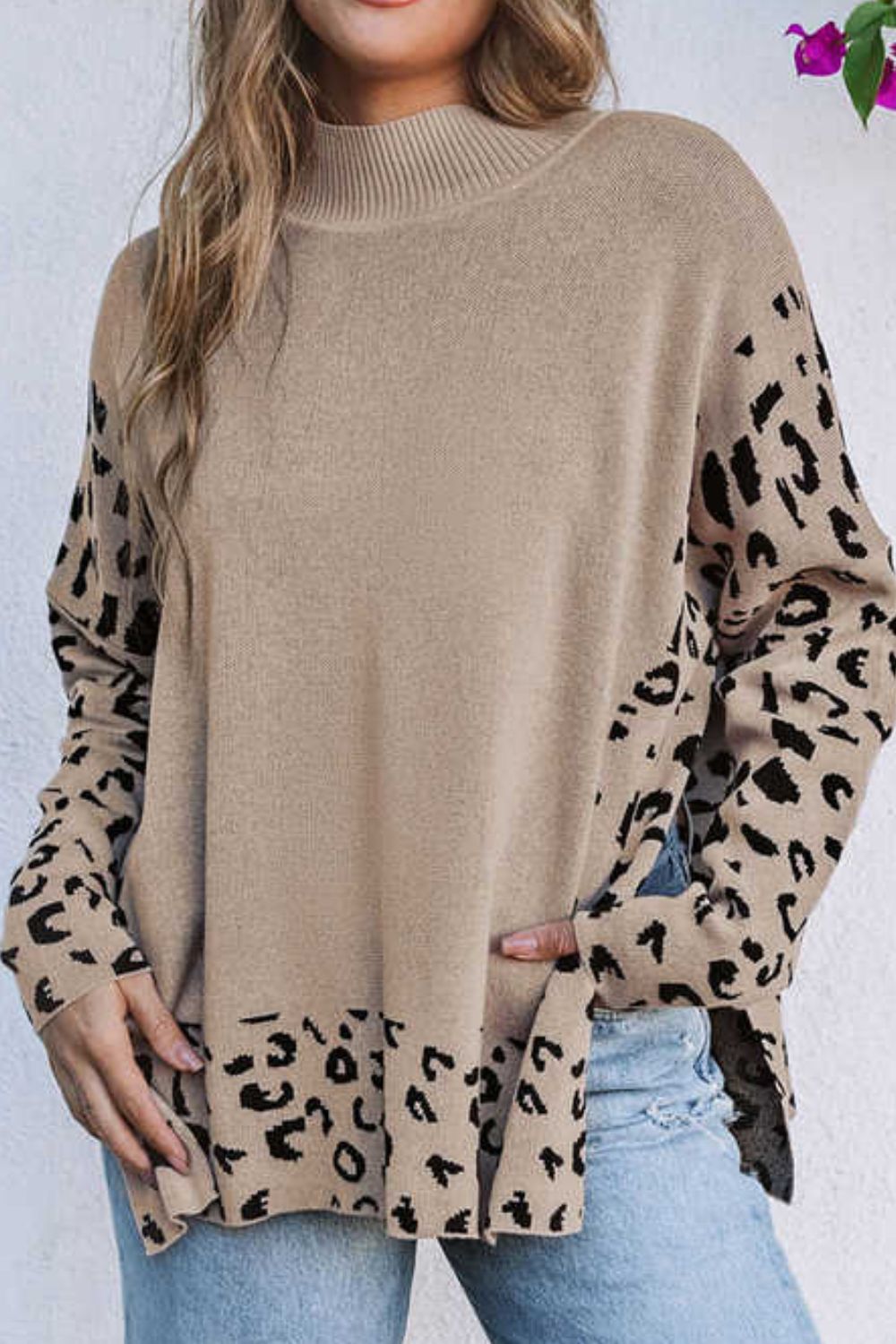 Slit Leopard Mock Neck Dropped Shoulder Sweater - Charming Charlie