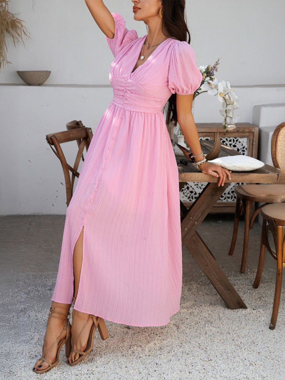 Devine Smocked Printed V-Neck Short Sleeve Maxi Dress