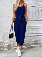 Scoop Neck Tie Waist Jumpsuit - Charming Charlie