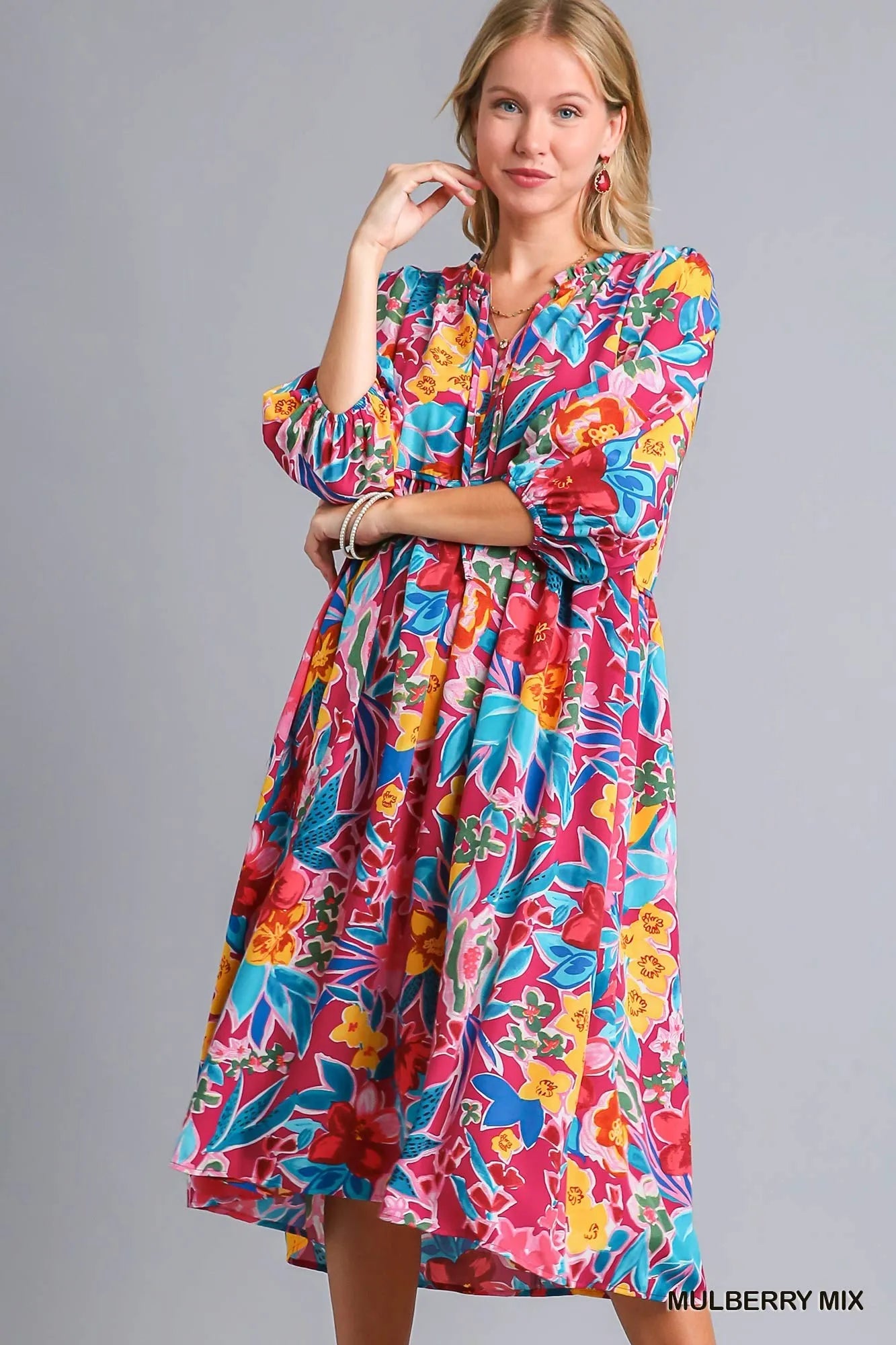 Umgee Full Size Floral Print Tie Neck Midi Dress with Pockets Plus Size MULBERRY MIX / 1XL