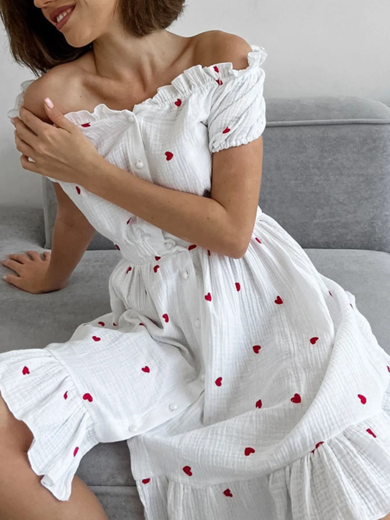 off shoulder heart dress Heart Printed Off-Shoulder Ruffle Mini Dress, Printing