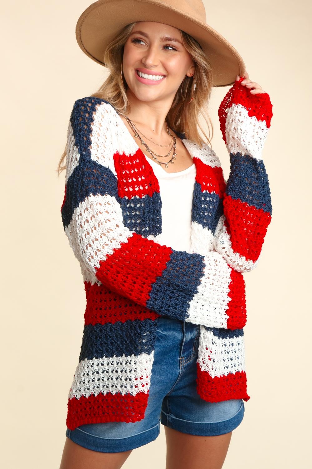 Striped Open Front Long Sleeve Cardigan main image 1