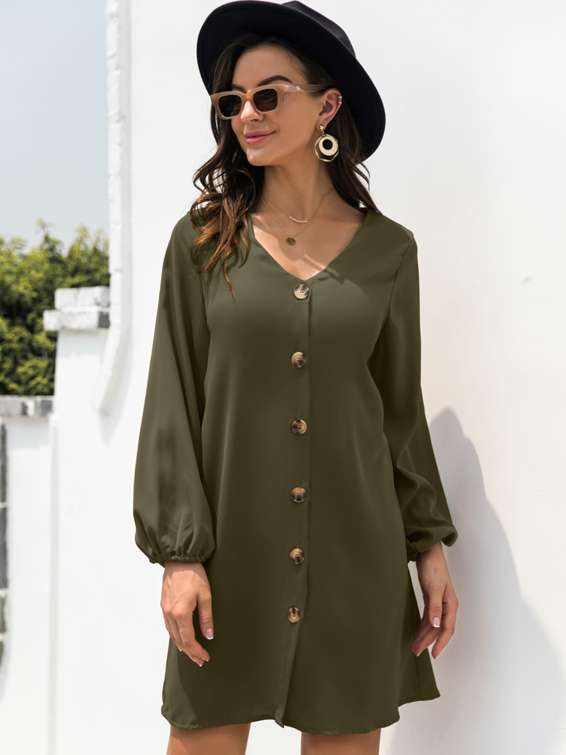 V-Neck Long Sleeve Mini Dress, Army Green / XL V-Neck Long Sleeve Mini Dress, Army Green / XL
