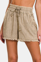 Zenana Washed Linen Frayed Hem Drawstring Shorts - Charming Charlie