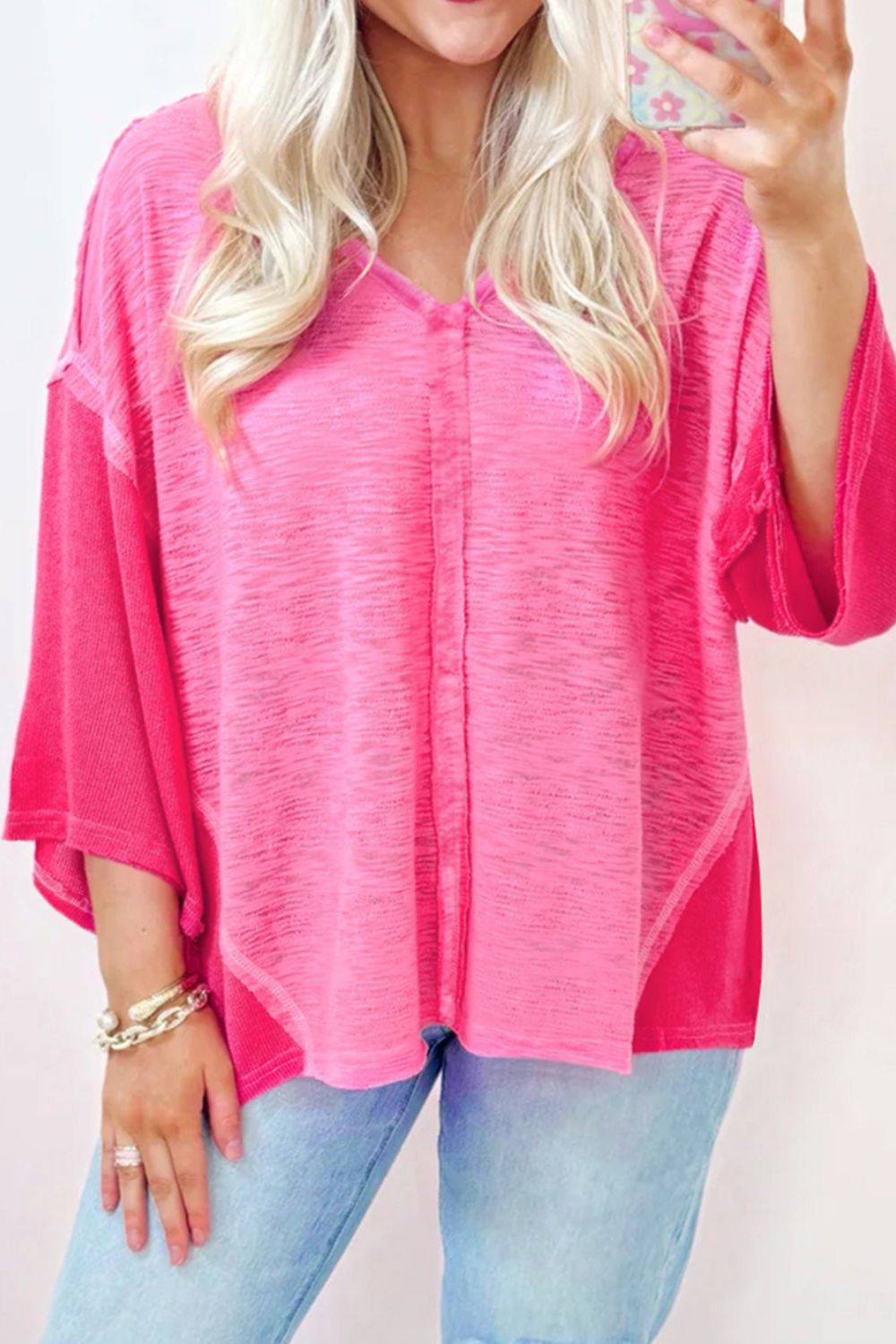 Exposed Seam V-Neck Three-Quarter Sleeve Blouse - Charming Charlie