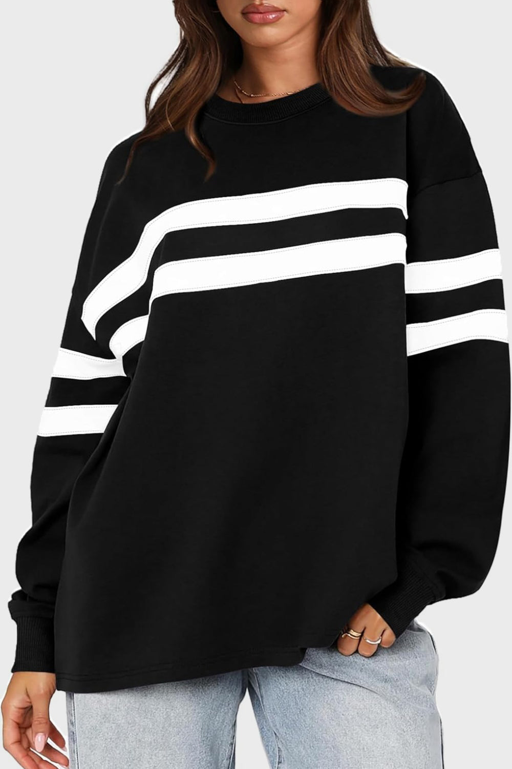 Lovelet Striped Round Neck Dropped Shoulder Sweatshirt - Charming Charlie