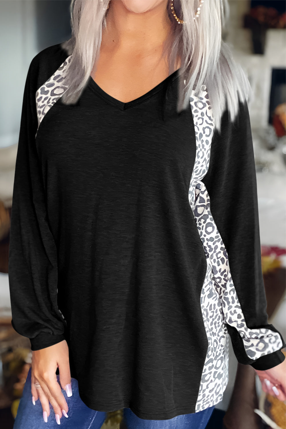 Full Size Leopard V-Neck Long Sleeve T-Shirt - Charming Charlie